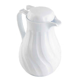 A white, plastic coffee decanter with a curved handle and lid. Featuring a wavy, textured design and slightly protruding spout, this 64 oz carafe boasts triple wall insulation. Photographed on a plain white background.