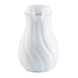 A white, plastic, vase-shaped coffee decanter with a swirl pattern and spout-like opening. The glossy, modern design features triple wall insulation and holds up to 64 oz, making it a stylish and functional household item or storage jar.