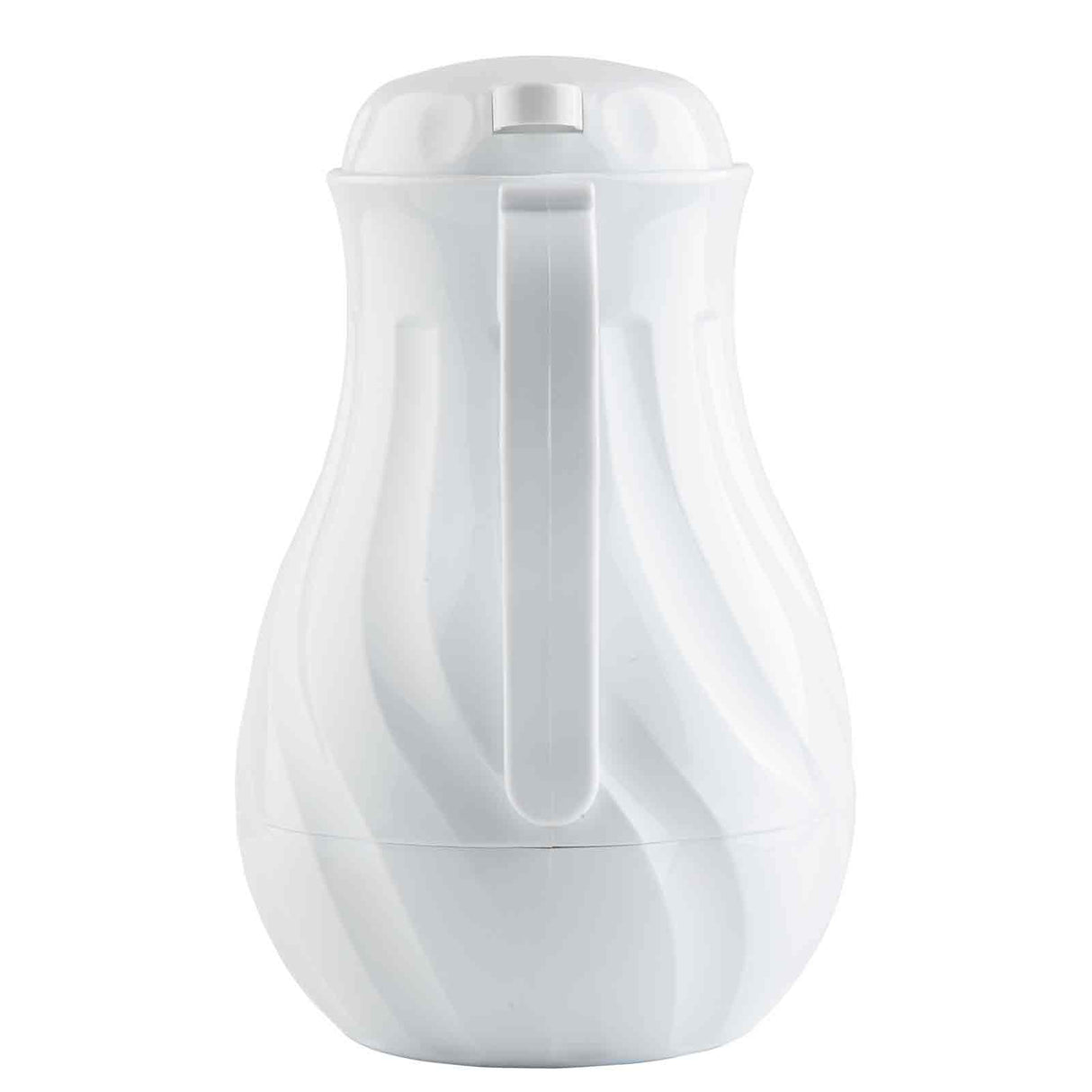 A white, glossy plastic coffee decanter with a round base, contoured body, and vertical handle. The 64 oz thermos features a slightly domed lid with a push-button top, triple wall insulation, and a sleek, modern appearance.