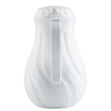 A white, glossy plastic coffee decanter with a round base, contoured body, and vertical handle. The 64 oz thermos features a slightly domed lid with a push-button top, triple wall insulation, and a sleek, modern appearance.