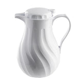 A glossy white plastic coffee decanter with triple wall insulation, featuring a curved ridged design, wide base, narrow spout, and sturdy handle. The 64 oz carafe has a secure fitted lid with a small tab and boasts a modern, elegant appearance.