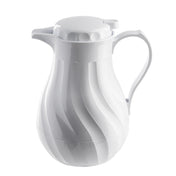 A glossy white plastic coffee decanter with triple wall insulation, featuring a curved ridged design, wide base, narrow spout, and sturdy handle. The 64 oz carafe has a secure fitted lid with a small tab and boasts a modern, elegant appearance.