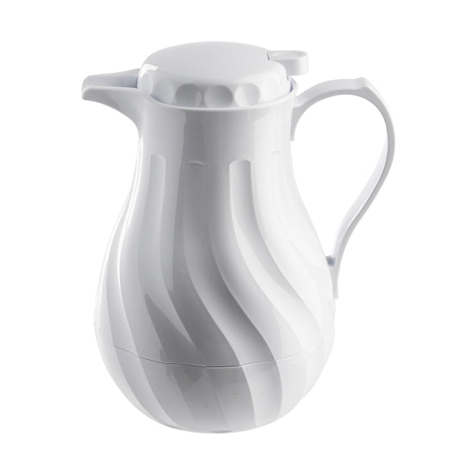 A glossy white plastic coffee decanter with triple wall insulation, featuring a curved ridged design, wide base, narrow spout, and sturdy handle. The 64 oz carafe has a secure fitted lid with a small tab and boasts a modern, elegant appearance.