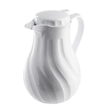A white, glossy Coffee Decanter with a curved handle and sculpted, swirling pattern. Featuring triple wall insulation, this modern 64 oz thermos has a wide base, narrow neck, and round lid that reflects light elegantly on its smooth surface.