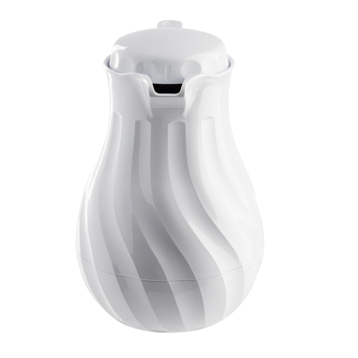 A glossy white Coffee Decanter with a curvy, bulbous body and sculpted swirling ridges features triple wall insulation. Its short spout and rounded lid with a small knob on top give it a modern, elegant appearance against a plain white background.
