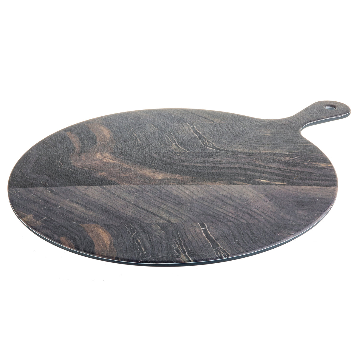 A round, flat, dark-colored wooden serving paddle with a handle featuring a small hole near the end. The wood grain is visible, showing natural variations in color and texture, reminiscent of a rustic barnwood pattern on a white background.