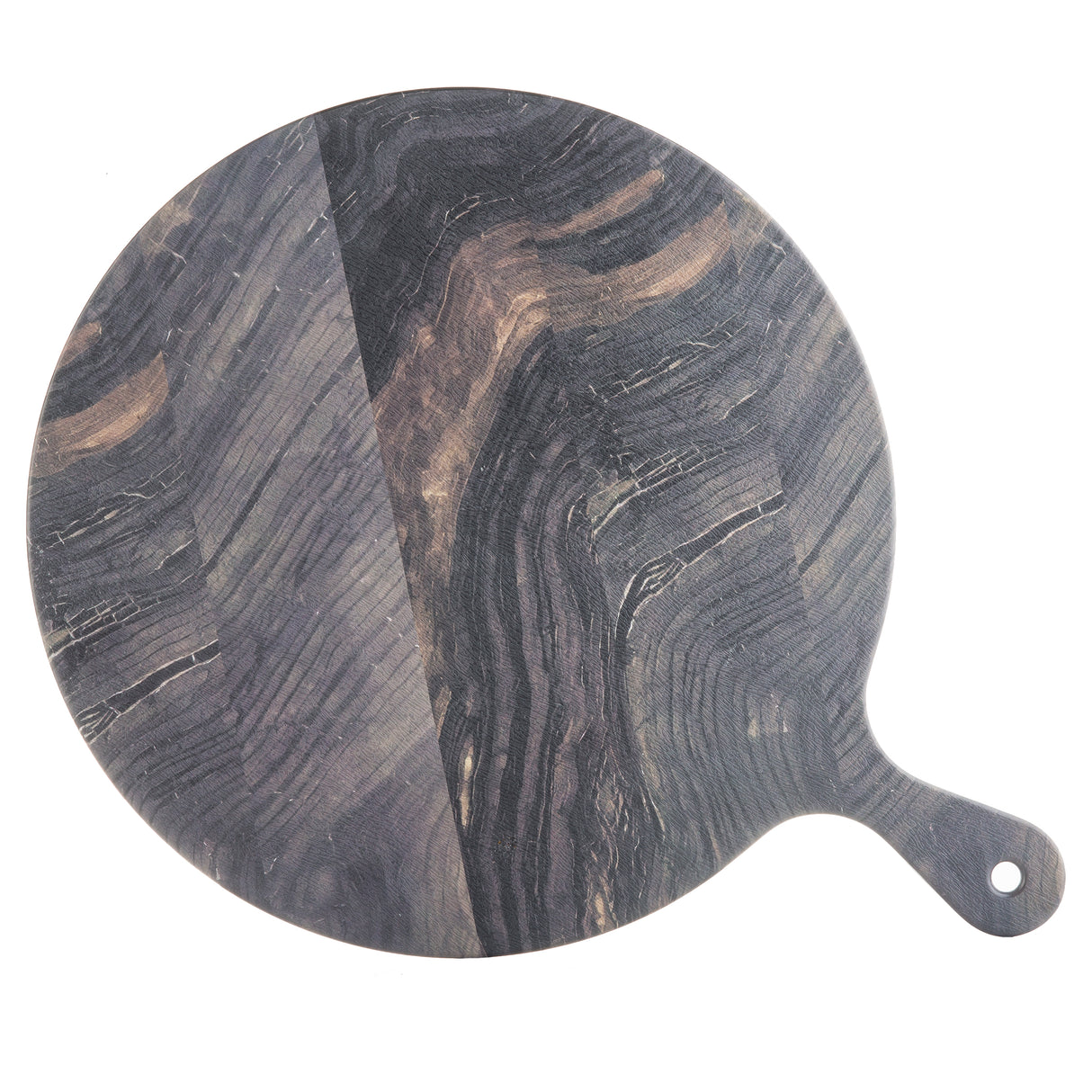 A round, dark wood serving paddle with natural, wavy grain patterns and a handle on one side with a hole for hanging. The wood tones vary from deep brown to gray, creating a striped and marbled barnwood pattern across the surface.