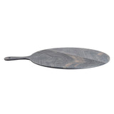 A round, flat serving paddle made of dark, veined stone with a small handle on one side. The smooth, polished surface showcases natural gray and light brown marbled patterns, set against a white background.