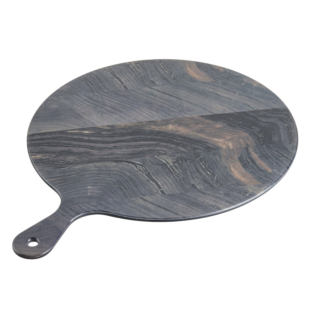 Round, flat serving paddle with a handle, made of dark, marbled wood featuring swirling grain patterns in shades of gray and brown. The handle has a hole at the end for hanging. The board is placed on a white background.