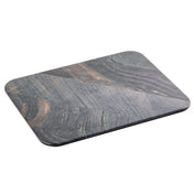 A rectangular serving tray with rounded corners, made of stone featuring a dark gray surface with natural, wavy streaks of lighter gray and brown. The board is displayed on a white background.