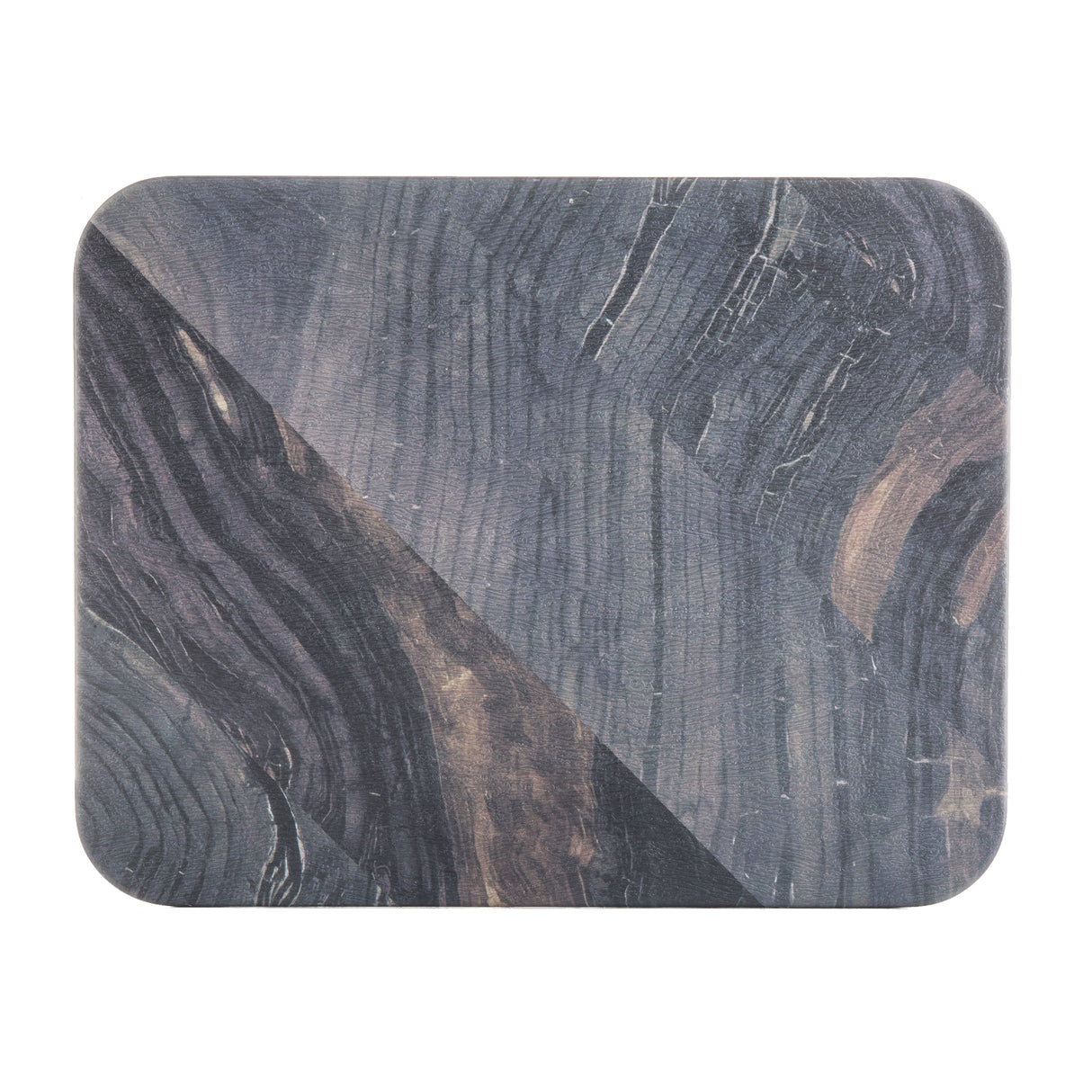 A rectangular mat with rounded corners featuring a barnwood pattern in dark shades of gray and brown. The design is split diagonally with contrasting textures, creating a modern, geometric appearance—perfect as a stylish melamine serving tray. The background is white.