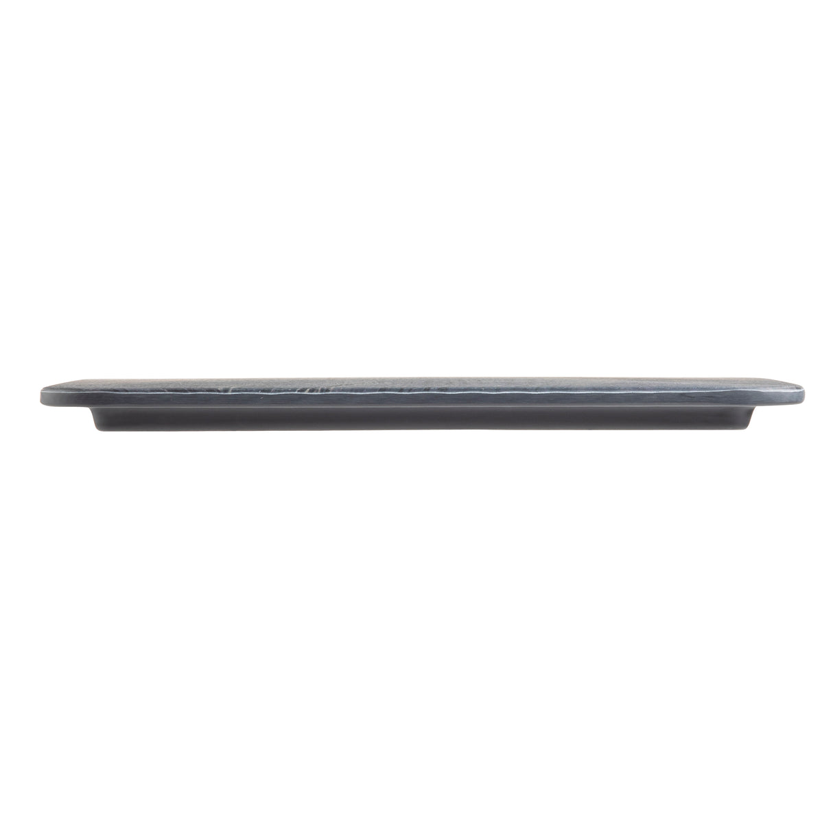 A flat, rectangular black serving tray is shown from the side against a white background. The melamine tray has a smooth surface and slightly rounded edges, with a subtle, thin base visible underneath.