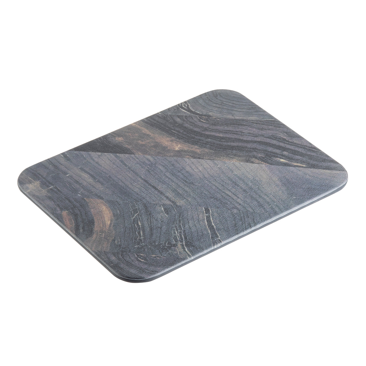 A rectangular melamine cutting board with rounded edges, featuring a gray and black marbled stone pattern. Smooth, swirling lines in various shades of gray give it a natural stone appearance. The board is set against a white background.
