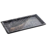 A rectangular, flat serving tray with raised edges, crafted from durable melamine. The tray has a dark marble-like appearance with swirls of black and gray tones, subtle lighter streaks, a glossy finish, and a slightly irregular texture against a plain white background.