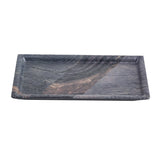 A rectangular serving tray made of dark, marbled stone with subtle gray and brown streaks. The smooth, slightly glossy surface features a shallow center and gently raised edges, perfect for display or use as a melamine accent piece.