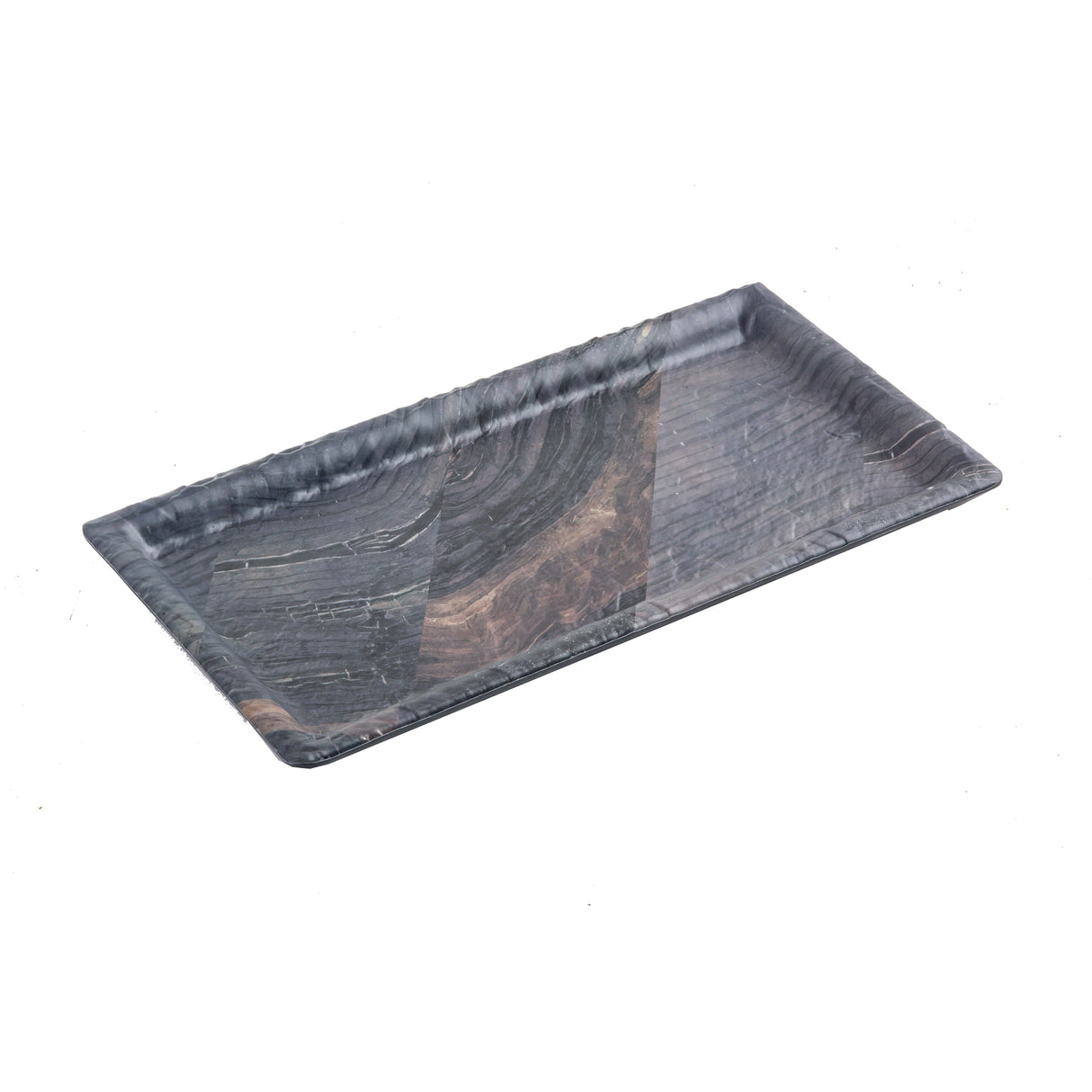 A rectangular serving tray made of dark, marbled stone with subtle streaks of lighter and brownish hues. The tray has slightly raised, sloped edges and a smooth, polished surface. The background is plain white.