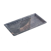 A rectangular serving tray made of dark, marbled stone with subtle streaks of lighter and brownish hues. The tray has slightly raised, sloped edges and a smooth, polished surface. The background is plain white.