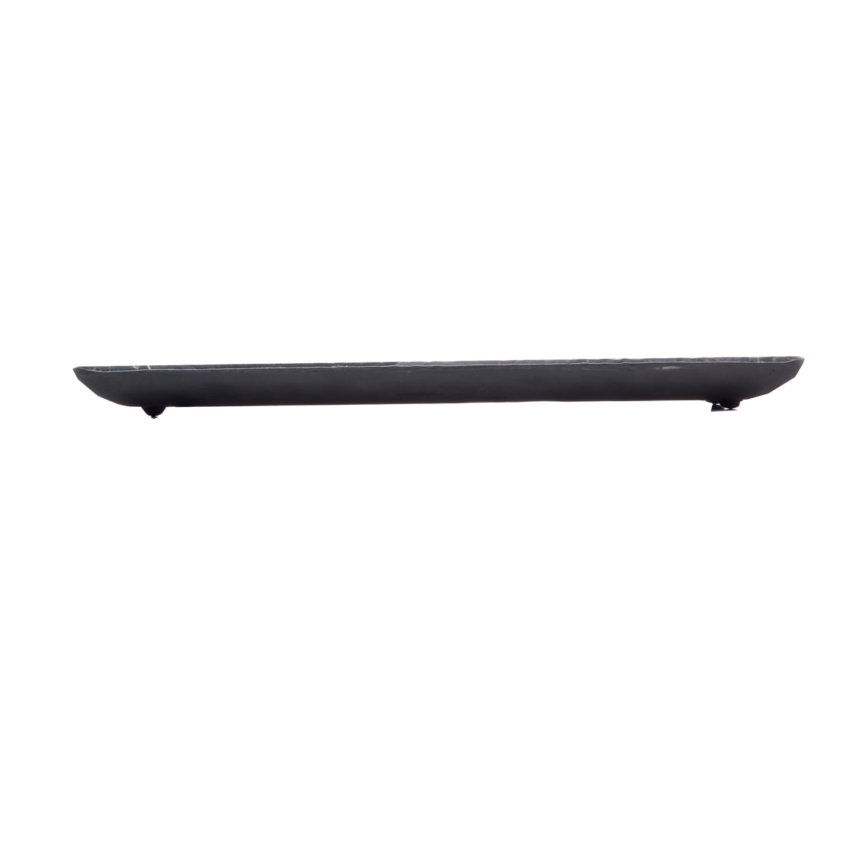 A rectangular, black melamine serving tray with slightly raised edges is viewed from the side against a white background. The tray is minimalist and flat, with a smooth, matte finish. Its narrow side profile makes it appear slim and elongated.