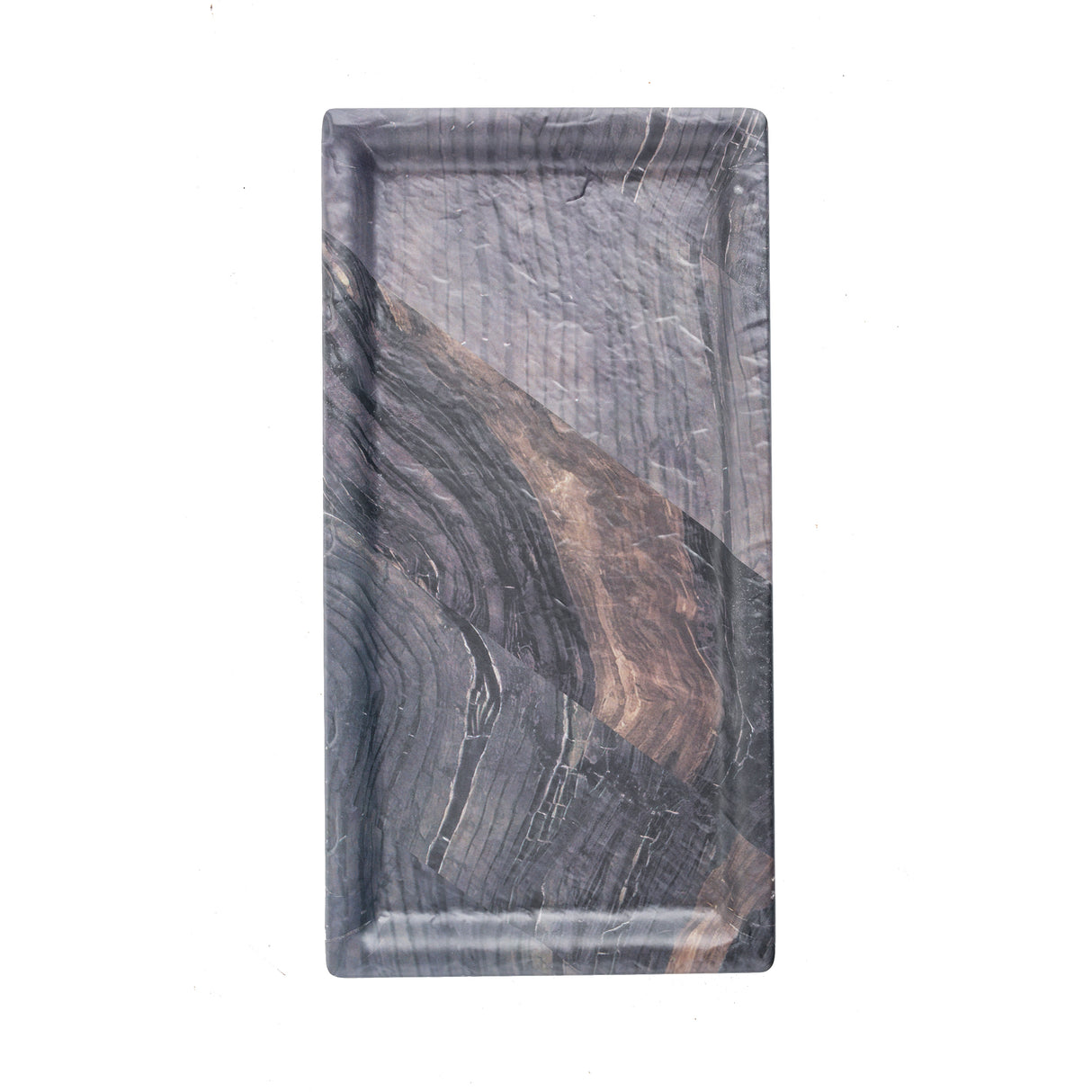 A rectangular melamine serving tray with a glossy, marbled surface featuring swirling black, gray, and brown patterns; the tray has slightly raised edges and is set against a white background.