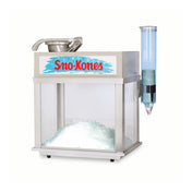 A silver and clear Sno-Konette Ice Shaver from Gold Medal Products sits on a white background, filled with crushed ice. It has a metal ice scoop on top and a transparent tube holding a stack of blue paper cones.