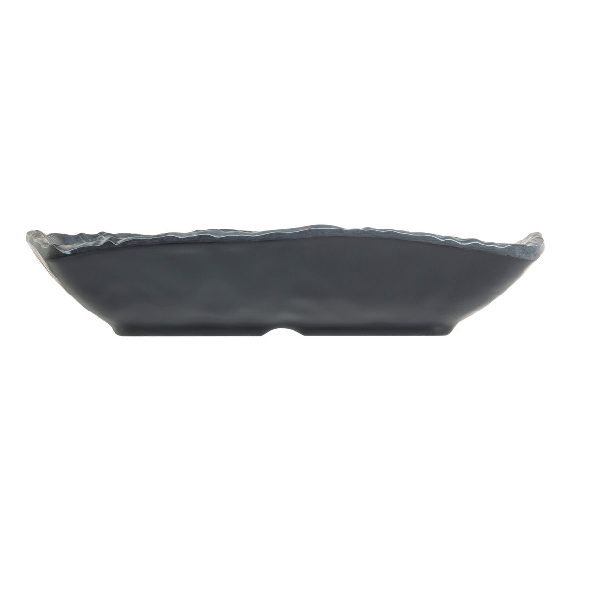 A black, ceramic, shallow serving tray with a slightly wavy rim is viewed from the side against a white background. The dish features a modern, minimalist design and an irregular edge, giving it a handcrafted appearance.