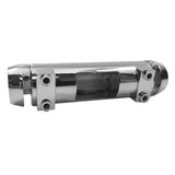 A shiny, metallic cylindrical part with a hollow center, smooth surface, and four visible screws. This replacement hinge by TableCraft Products features both rounded and flat ends, and is photographed against a plain white background.