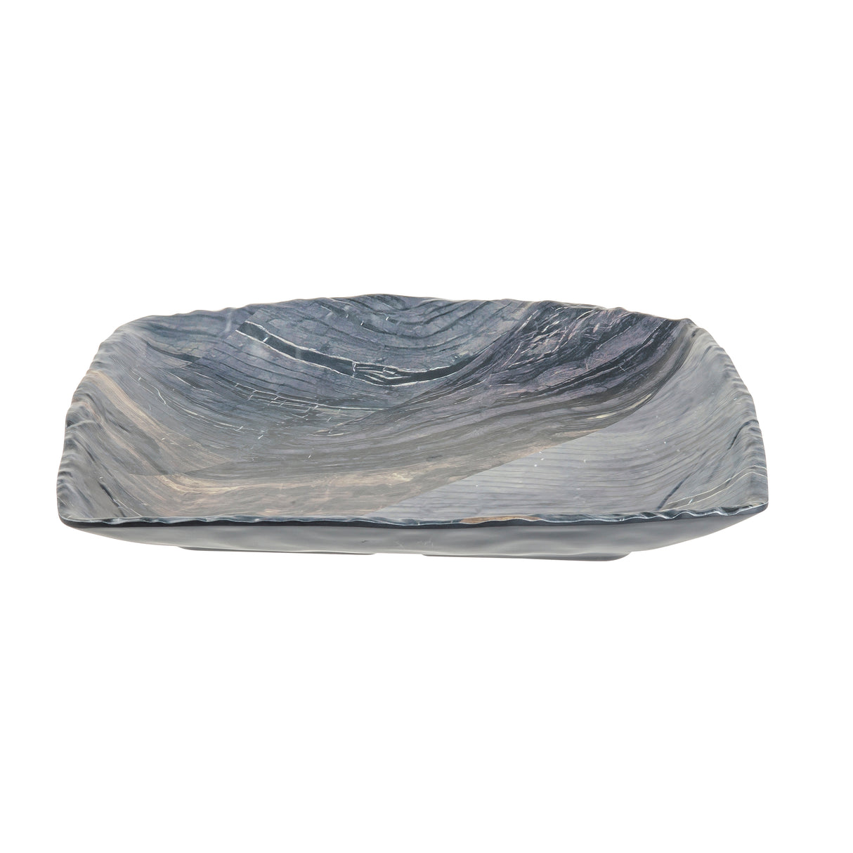Rectangular, shallow melamine serving tray with a wavy, textured surface. The glazed finish in shades of gray and blue resembles natural stone or water ripples, while gently curved edges create a modern, organic look.