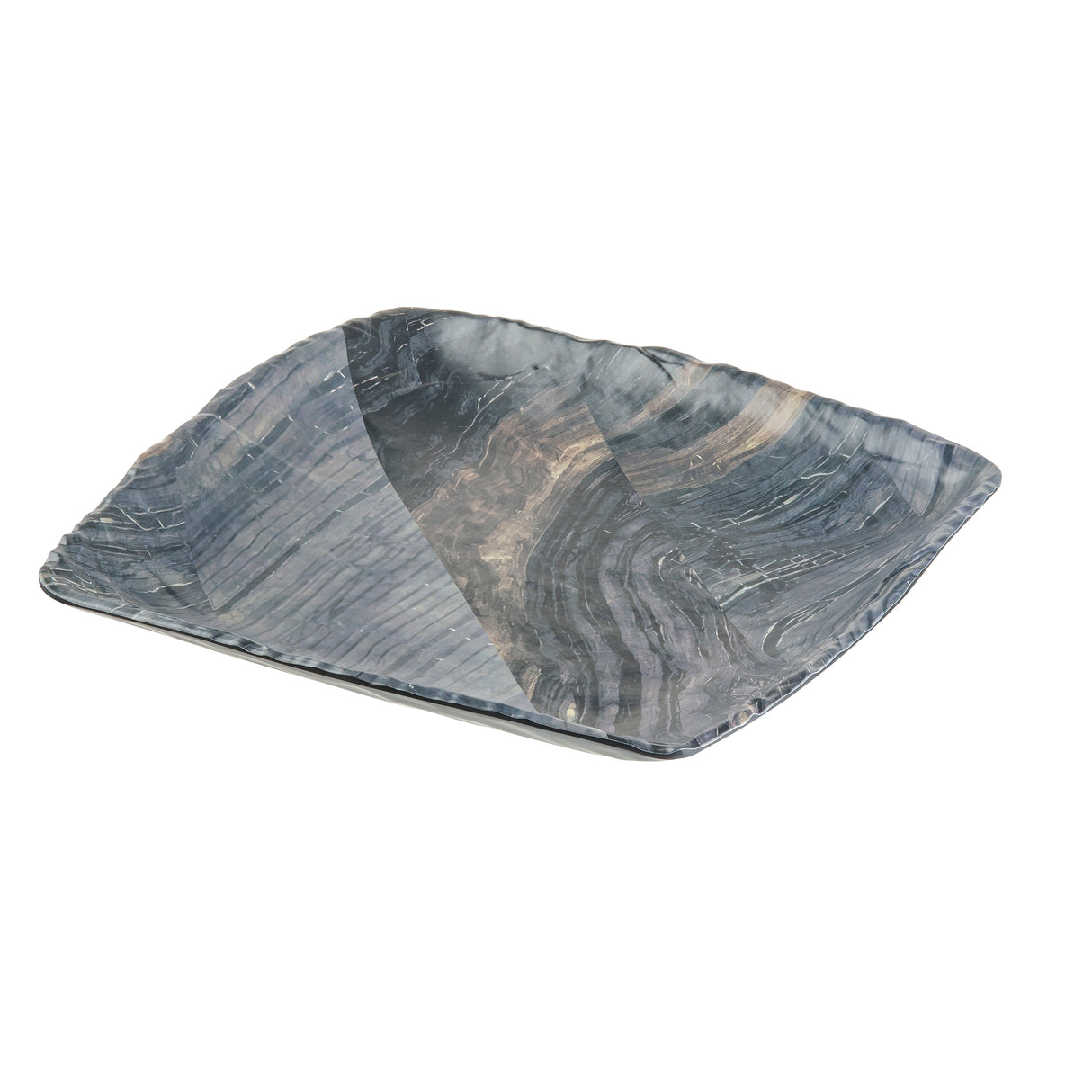 A square ceramic serving tray with slightly curved edges, featuring a glossy gray and black marbled pattern. The surface displays asymmetrical swirling lines and patches, giving a modern, artistic look. The background is plain white.