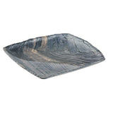 A rectangular melamine serving tray with wavy edges and a glossy, marbled pattern in dark blue, gray, and hints of beige. The tray has a slightly irregular, hand-crafted look and rests on a white background.