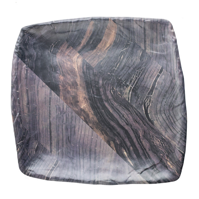 A square melamine serving tray with rounded edges, featuring a glossy finish and a marbled barnwood pattern in shades of dark gray, brown, and black, resembling swirling wood grain or polished stone, set against a white background.