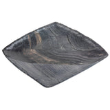 A square melamine plate with gently curved edges, featuring a dark gray, barnwood pattern with streaks of lighter gray and black. The glossy surface resembles natural stone or wood grain, and the plate is empty against a white background.