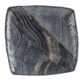 A square, glossy melamine serving tray with a marbled pattern in black, gray, and brown tones. Wavy, organic lines run diagonally across the surface, creating an abstract, stone-like appearance. The plate’s edges are slightly rounded.