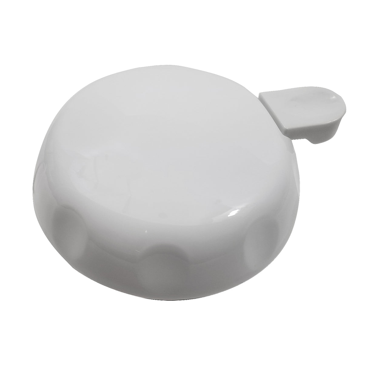 A smooth, round, white polypropylene replacement lid with slight indentations around the edge and a small, flat tab protruding from one side, photographed on a plain white background.