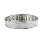 A round, shallow TableCraft 10034 platter with a flat base and short sides. The diamond-shaped lattice pattern adds texture, while the stainless steel platter shines with a clean, reflective silver surface.