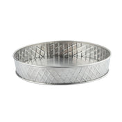 A round, shallow TableCraft 10034 platter with a flat base and short sides. The diamond-shaped lattice pattern adds texture, while the stainless steel platter shines with a clean, reflective silver surface.