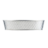 A shiny, silver, oval-shaped stainless steel platter from the Lattice Collection features a diamond-patterned lattice design on its sides. The rim is slightly flared and smooth, while the side has a crisscross texture. Basket is empty against a white background.