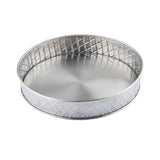 A round, silver TableCraft 10034 stainless steel platter with a shiny surface. The raised edge features a diamond-shaped lattice pattern, part of the Lattice Collection Platter series. The smooth, reflective interior sits on a white background.