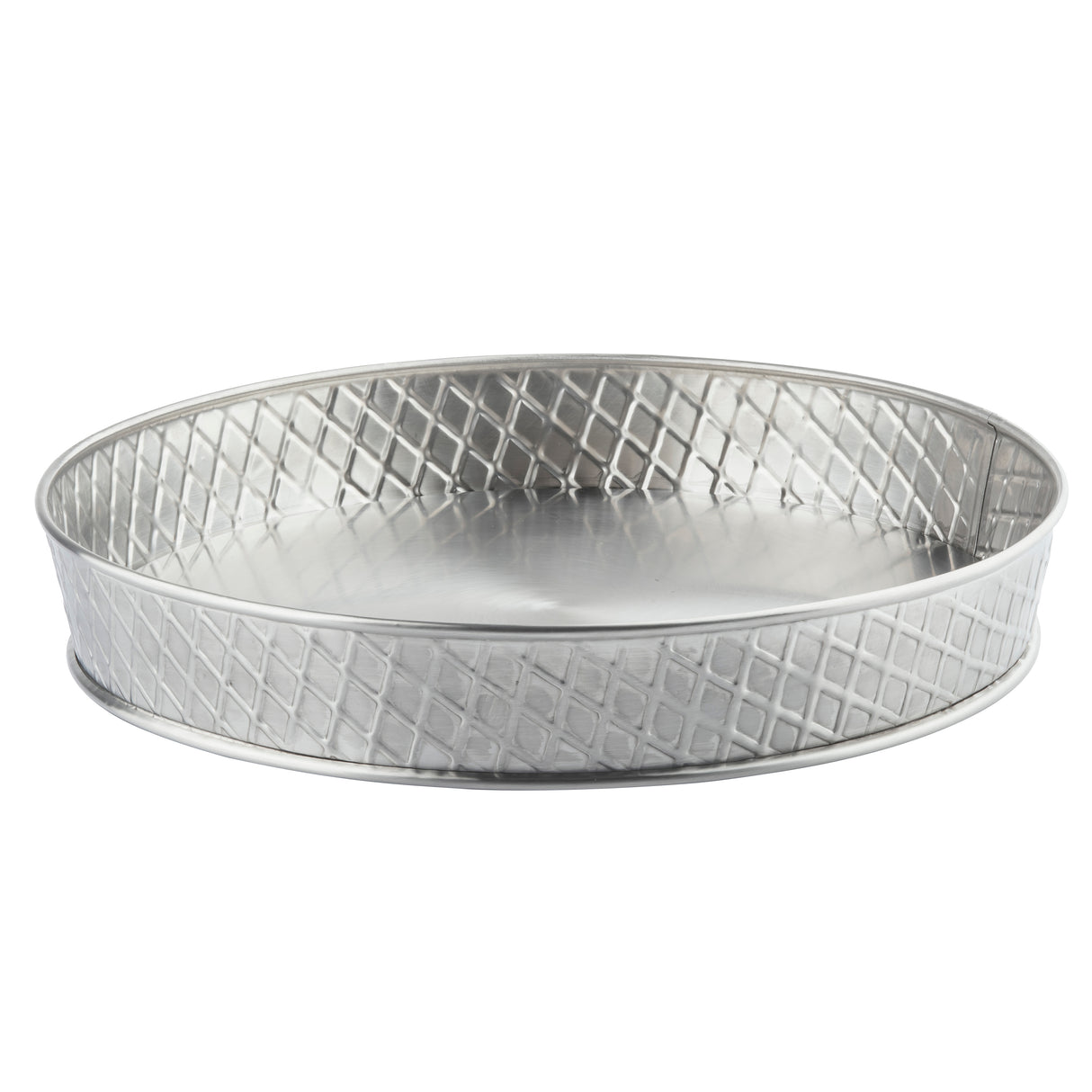 A round, shallow stainless steel platter from the TableCraft Products Lattice Collection features a diamond-patterned, textured side, a smooth flat base, and a reflective surface; the background is plain white.