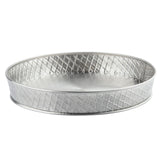 A round, shallow stainless steel platter from the TableCraft Products Lattice Collection features a diamond-patterned, textured side, a smooth flat base, and a reflective surface; the background is plain white.