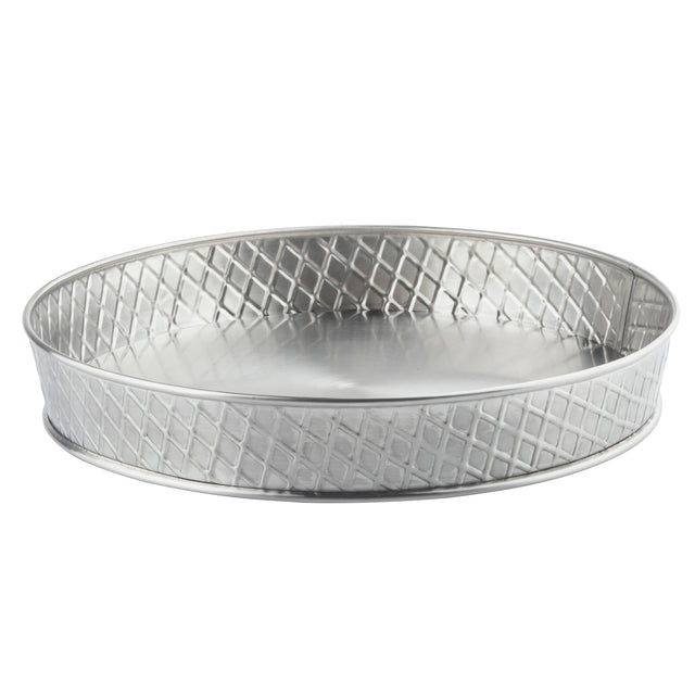 A round, shallow stainless steel platter from the TableCraft Products Lattice Collection features a diamond-patterned, textured side, a smooth flat base, and a reflective surface; the background is plain white.