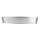 A shallow, round stainless steel platter from the Lattice Collection, featuring a diamond-patterned texture on the sides and a smooth rim. This TableCraft Products tray is silver in color and appears empty, viewed from the side against a white background.
