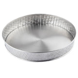 A round, shallow Lattice Collection Platter with a smooth base and raised sides. The sides feature a diamond-patterned texture, while the brushed interior is reflective and shiny. This stainless steel platter from TableCraft Products is empty and isolated on a white background.