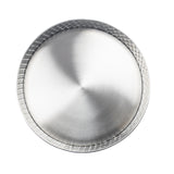 A round, silver-colored stainless steel platter from the TableCraft Products Lattice Collection is seen from above, featuring a smooth center with a subtle brushed finish and a textured, crisscross pattern along its raised rim on a plain white background.