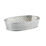 A silver metal oval basket from the Lattice Collection Platter by TableCraft, featuring a diamond-patterned, textured surface. This stainless steel platter has a smooth rim and base and is shown empty against a plain white background.
