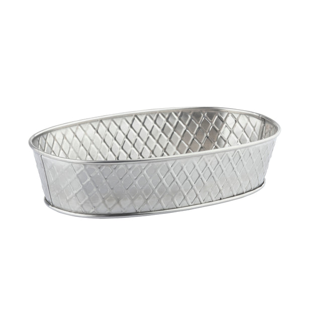 A silver metal oval basket from the Lattice Collection Platter by TableCraft, featuring a diamond-patterned, textured surface. This stainless steel platter has a smooth rim and base and is shown empty against a plain white background.