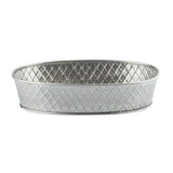 A shallow, oval-shaped TableCraft Lattice Collection Platter with a diamond-patterned, textured exterior. This stainless steel platter is silver in color, has a smooth rim, and is photographed against a plain white background.