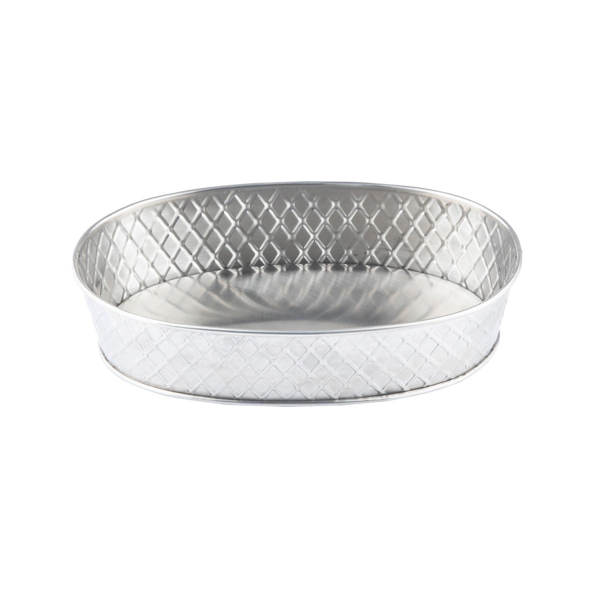 A shallow, round, silver-colored Lattice Collection Platter by TableCraft with a diamond-patterned texture on its sides and base. The stainless steel platter has a smooth rim and reflective surface, giving it a sleek, modern appearance.