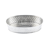 A shallow, round, silver-colored Lattice Collection Platter by TableCraft with a diamond-patterned texture on its sides and base. The stainless steel platter has a smooth rim and reflective surface, giving it a sleek, modern appearance.