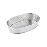 A shiny, oval-shaped TableCraft stainless steel platter with slightly raised edges. The sides display a crisscross, diamond-patterned texture, while the base is smooth. The tray is photographed on a white background.