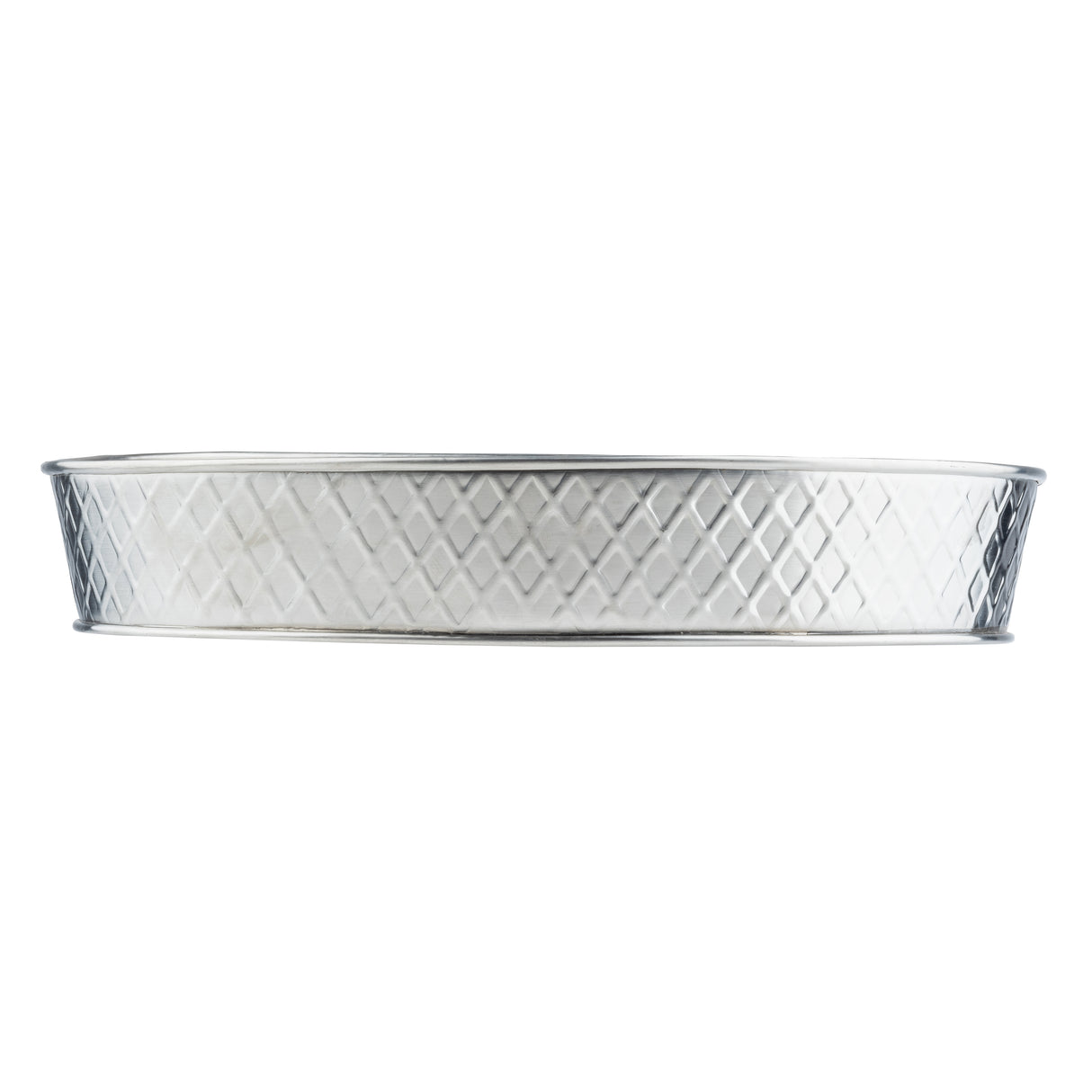 A round, silver-colored Lattice Collection Platter with short sides and a diamond-patterned textured exterior, viewed from the side against a white background—an elegant TableCraft stainless steel platter for stylish serving.